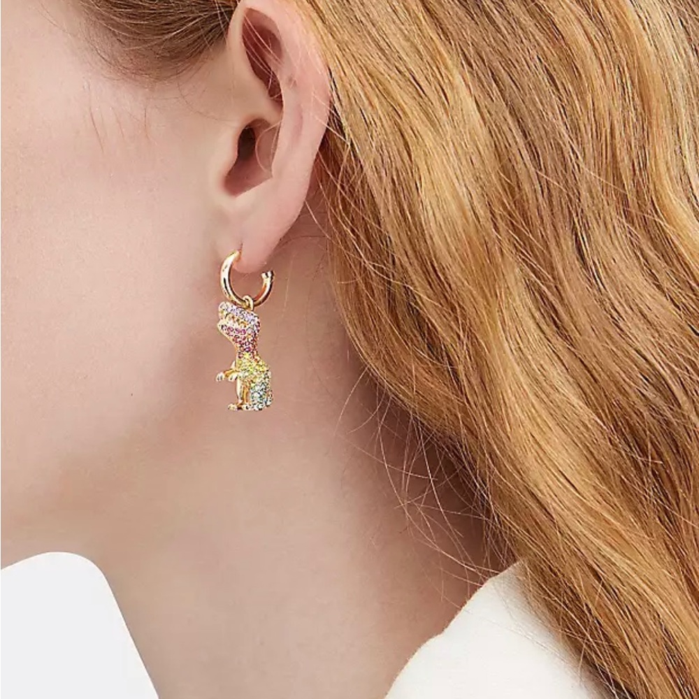 NWT Coach Pavé Rexy Huggie Earrings Dinosaur Crystal Rainbow Hanging Hoop Post - Picture 2 of 9